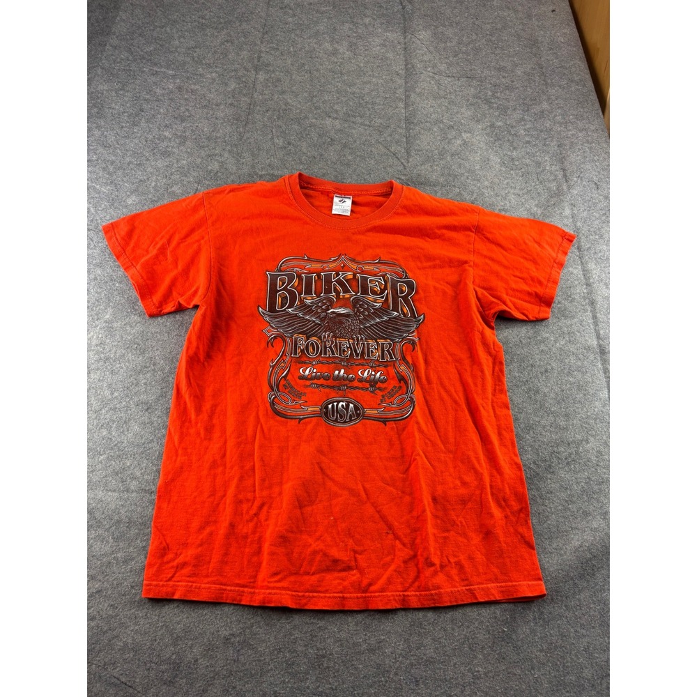 Jerzees Biker Forever Live the Life Eagle Graphic T-Shirt Orange Mens L y2k